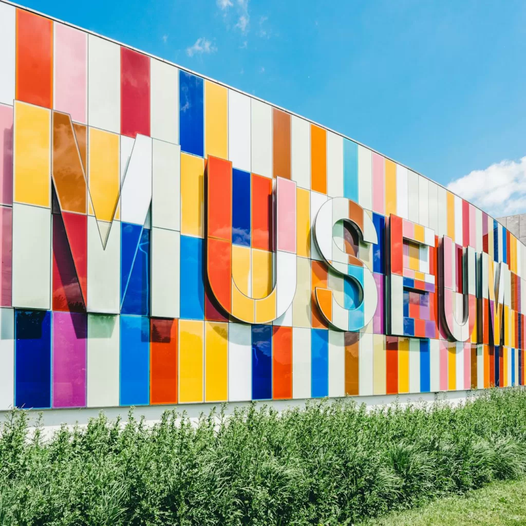 multicolored museum sign